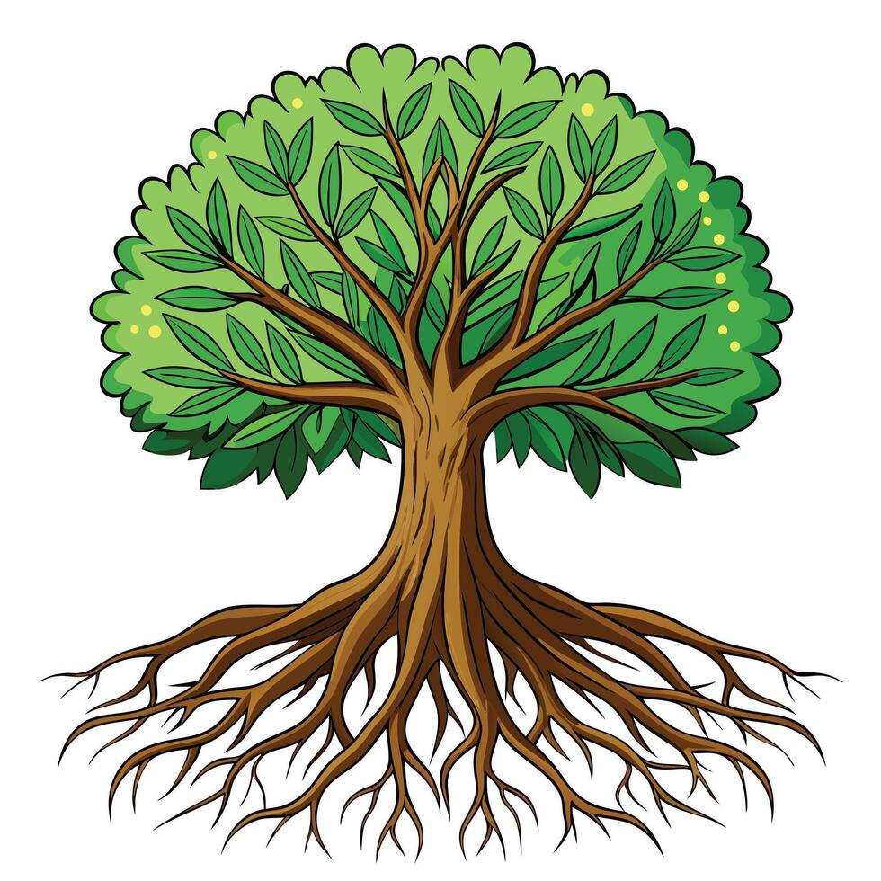 Creative illustration of a tree showcasing its complex root system vector