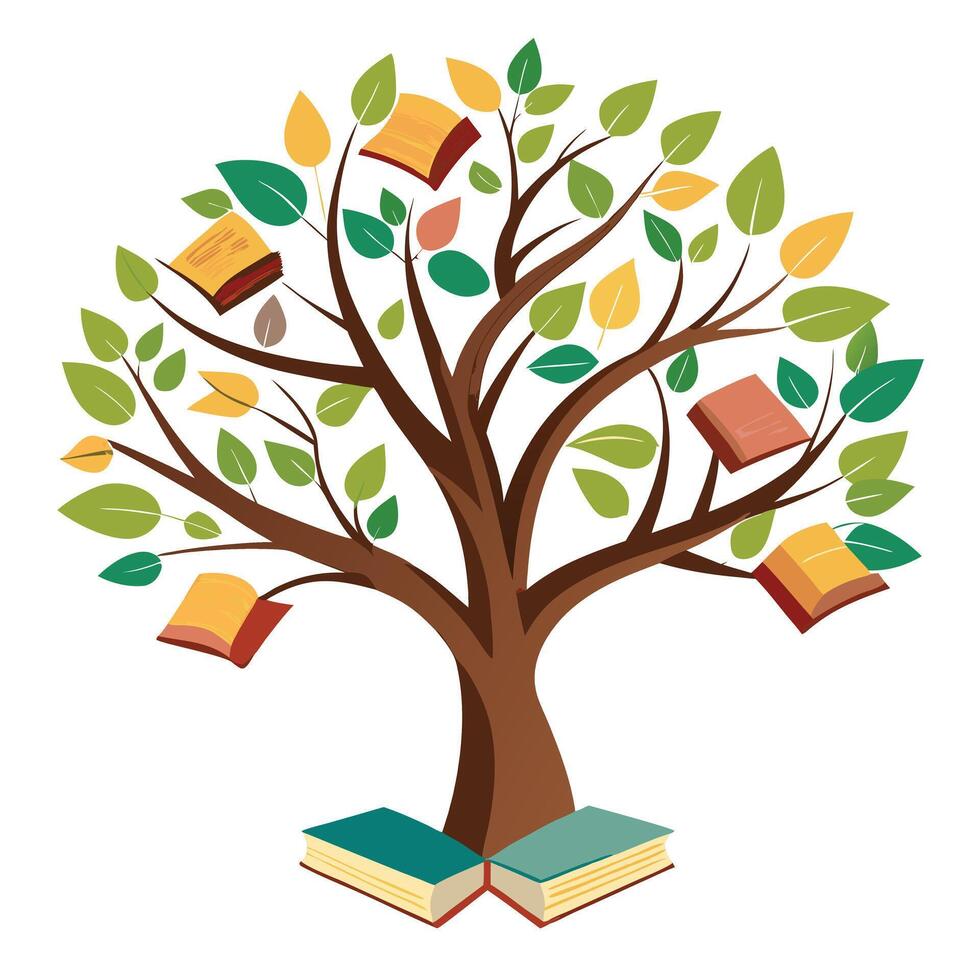 Enchanting tree with floating books as leaves symbolizing knowledge vector