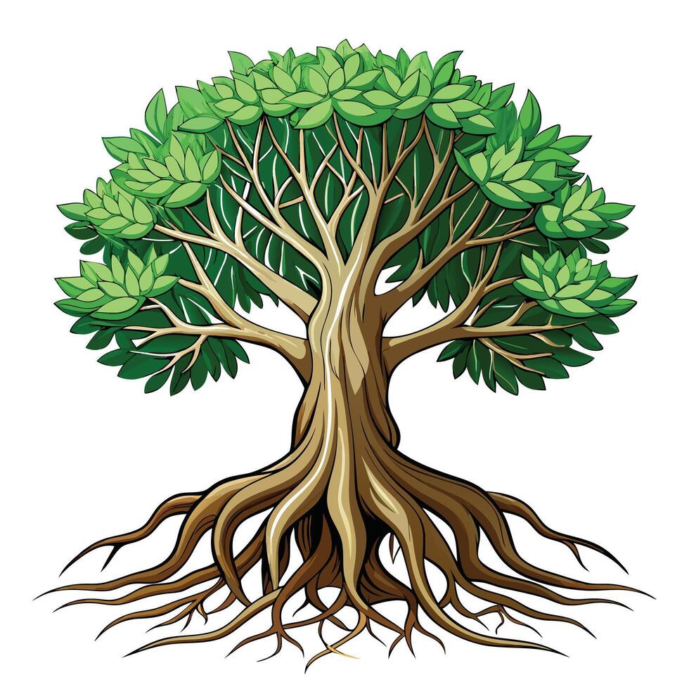 Unique design of a tree with its roots prominently displayed above soil vector