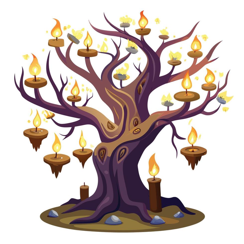 Creative illustration of a tree with levitating candles providing soft light vector