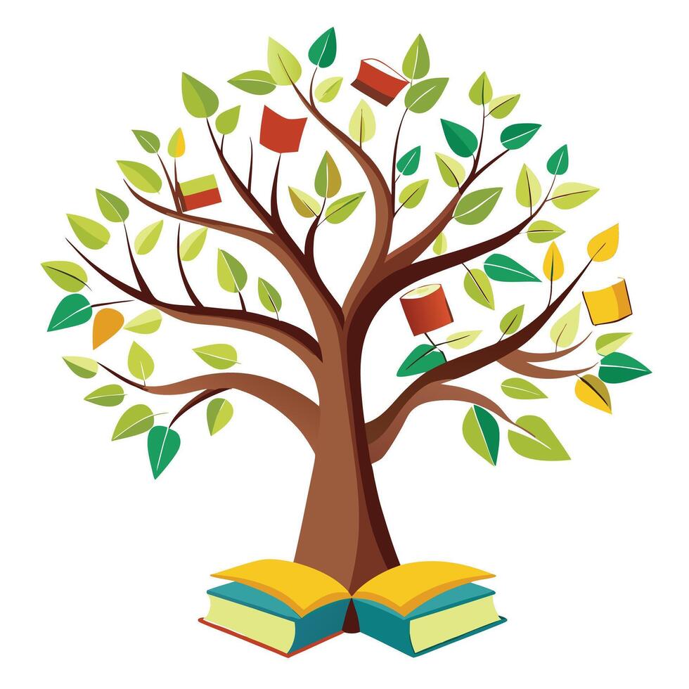 Unique design of a tree with books suspended in air like magical leaves vector