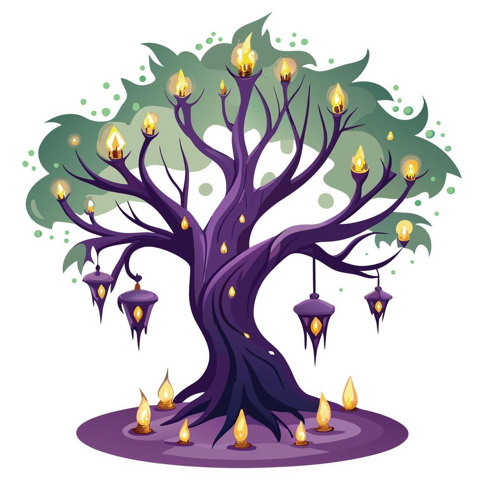 Unique design of a tree with candles suspended in mid air around it vector