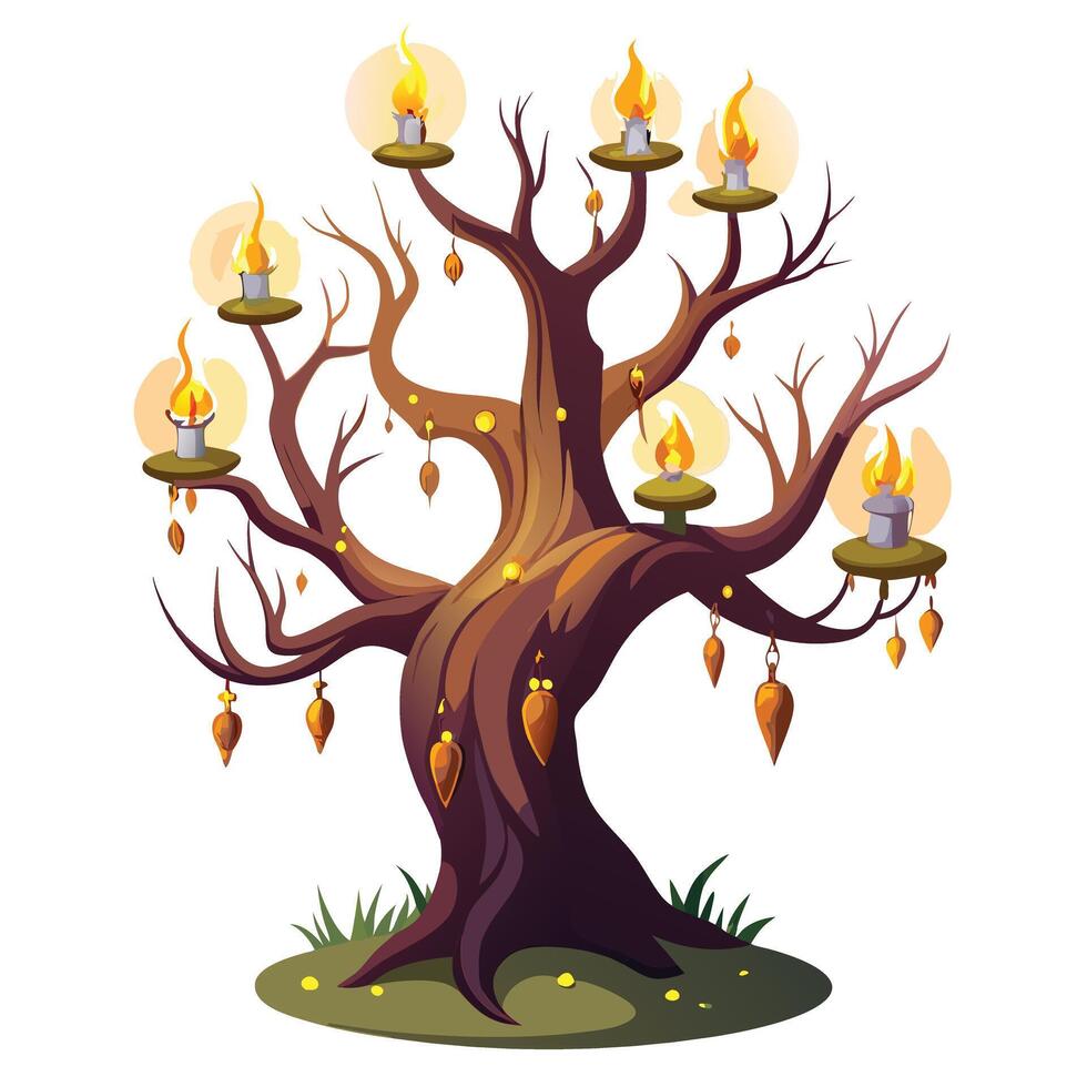 Mysterious tree with glowing candles floating around its branches vector