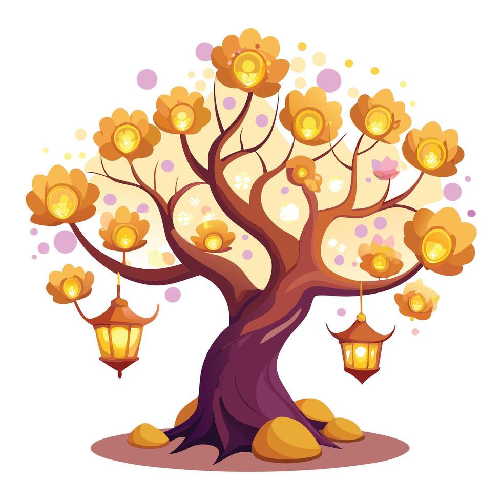 Unique design of a tree with paper lanterns gently floating nearby vector