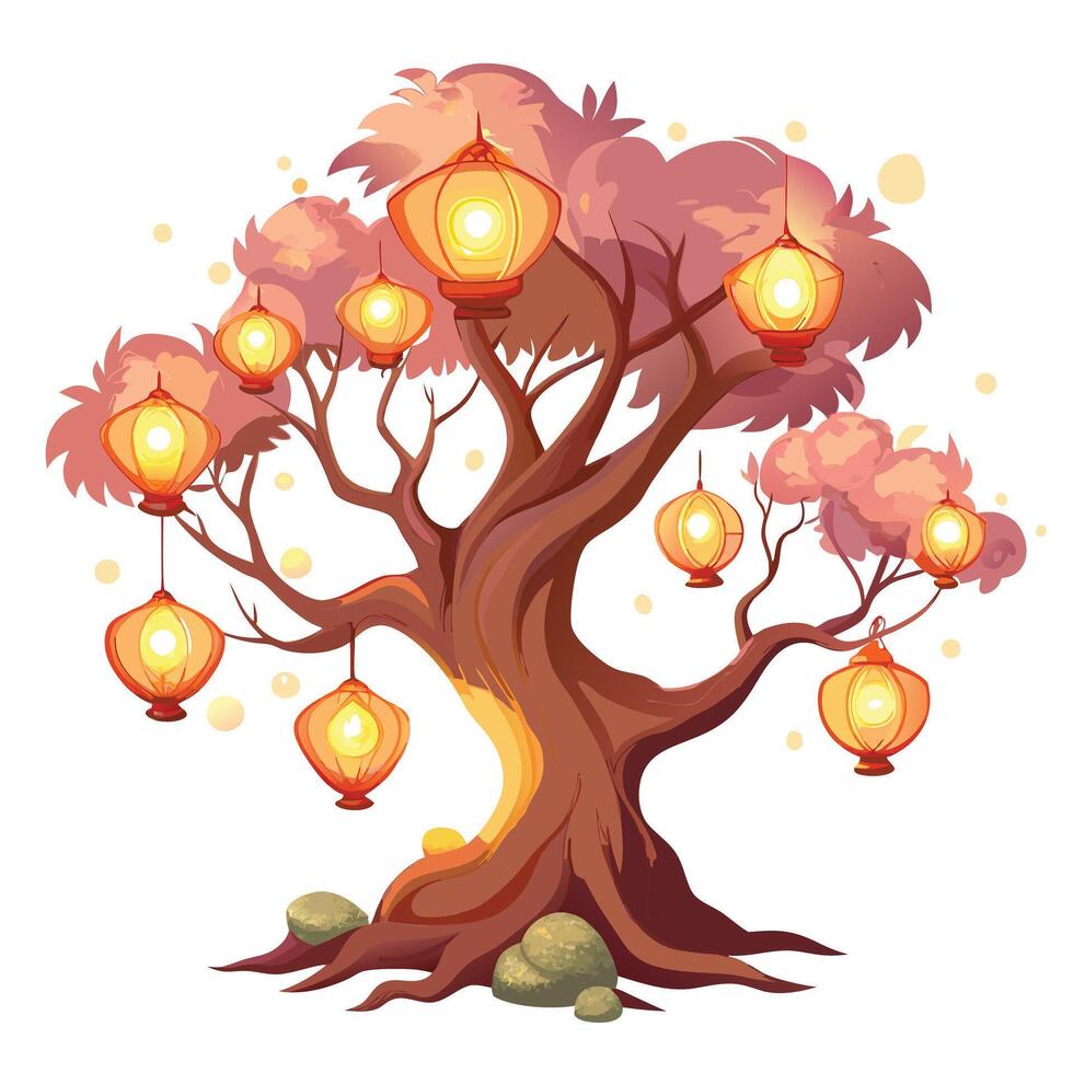 Artistic depiction of a tree with warm lanterns illuminating the surrounding air vector