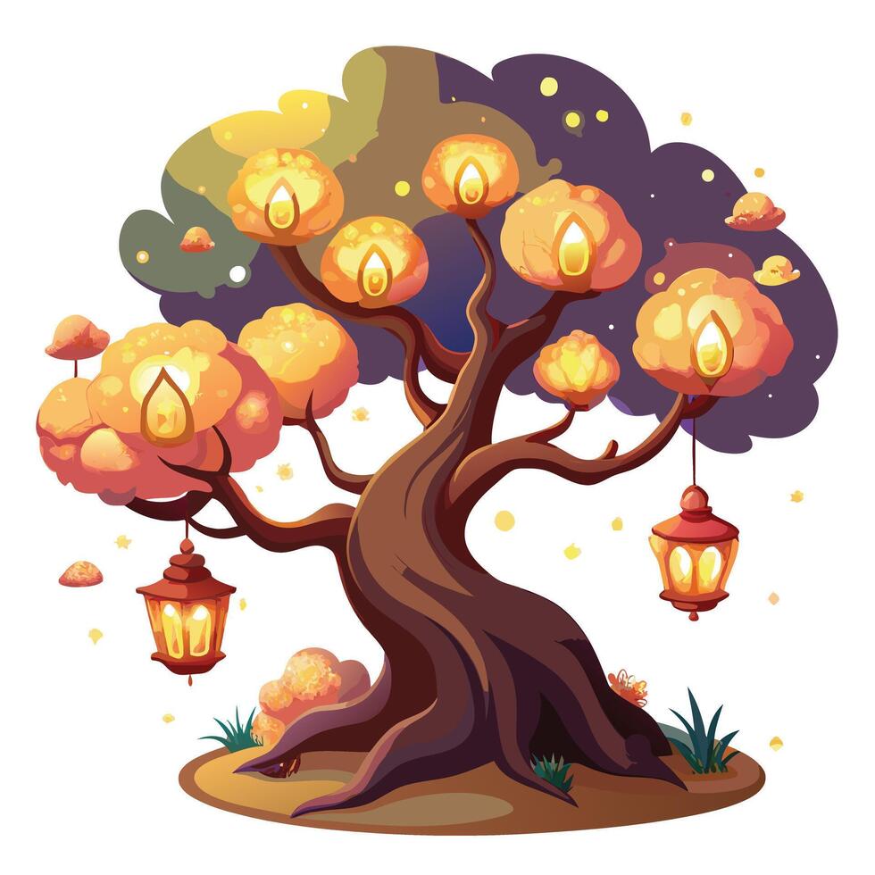 Dreamy tree with illuminated lanterns floating gracefully around it vector