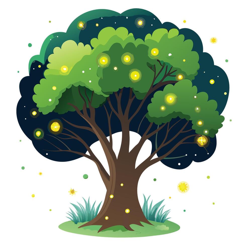 Unique design of a tree with fireflies emitting a gentle, magical light vector