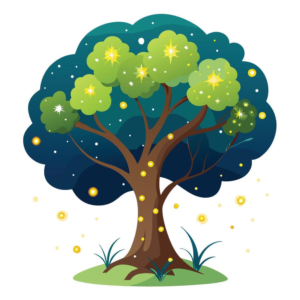 Artistic depiction of a tree with sparkling fireflies creating a magical scene vector