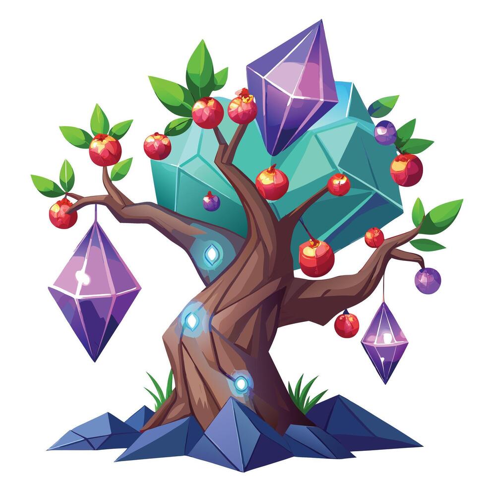Unique design of a tree with massive, glowing crystal fruits adorning it vector