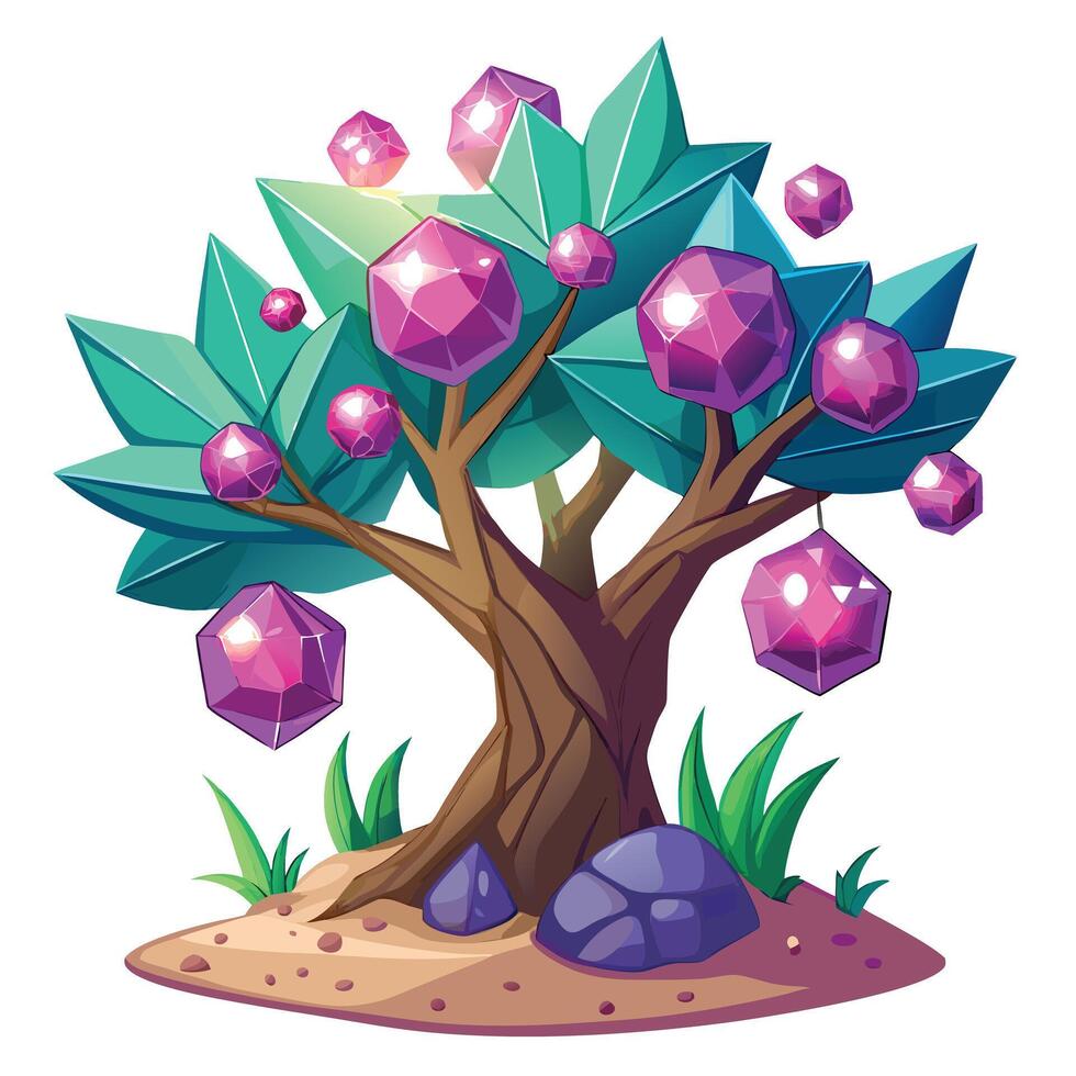 Fantasy tree with giant sparkling crystal fruits hanging from branches vector