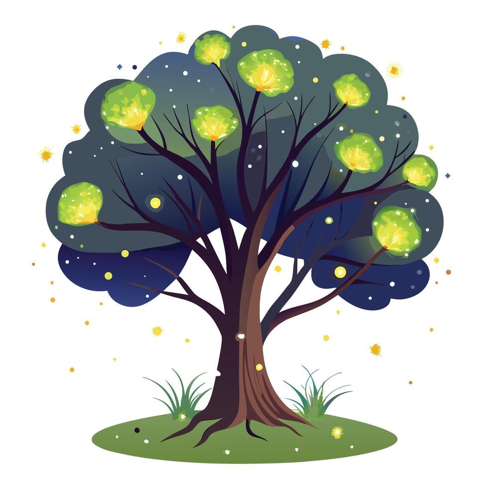 Dreamy tree with numerous glowing fireflies illuminating the night vector