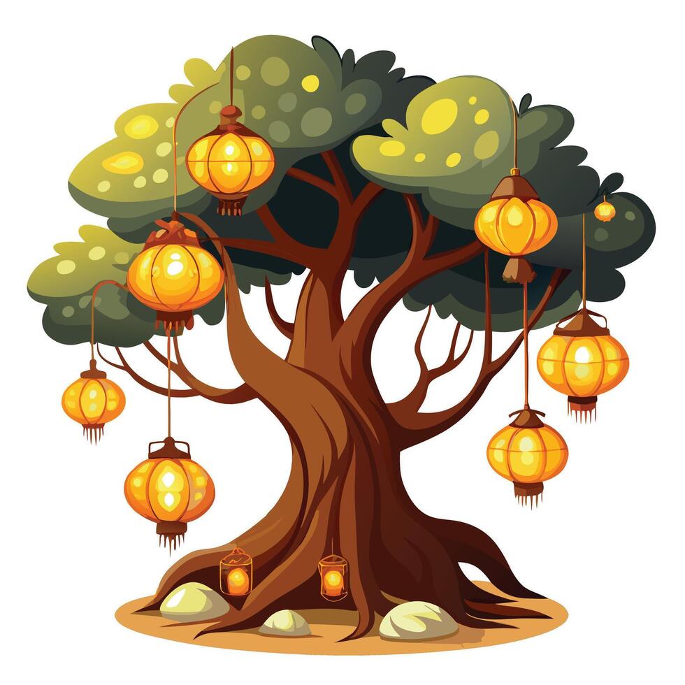 Enchanting tree with warm glowing lanterns hanging from its branches vector