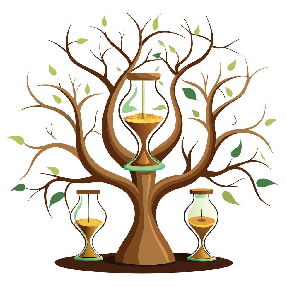 Unique design of a tree with sand timers suspended from its branches vector
