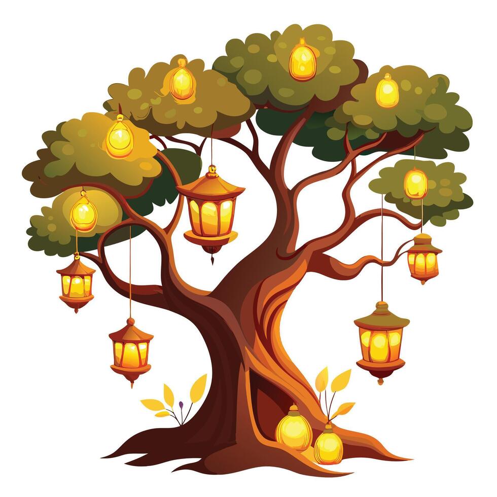 Creative illustration of a tree decorated with beautiful hanging lanterns vector