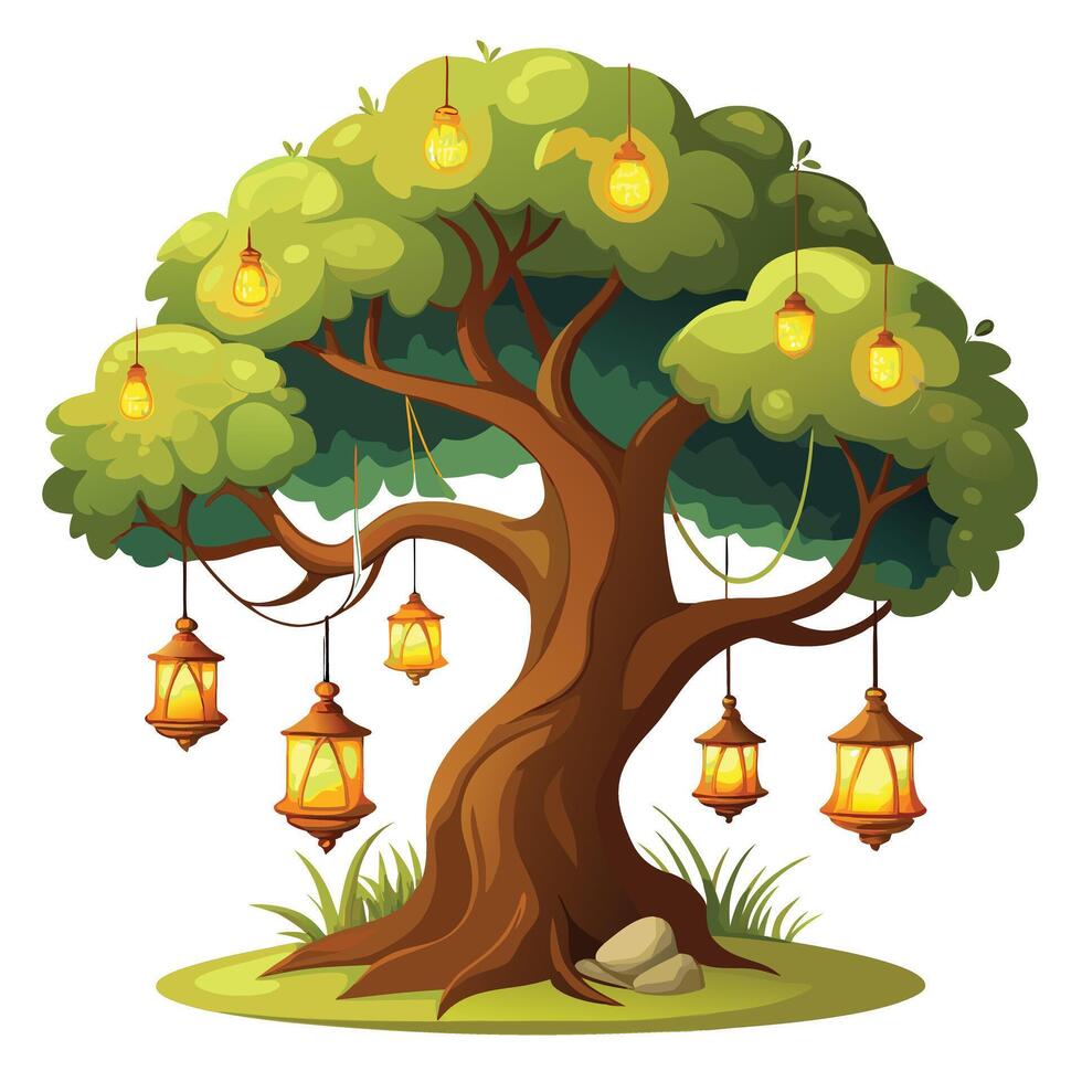 Artistic depiction of a tree with various lanterns illuminating the night scene vector