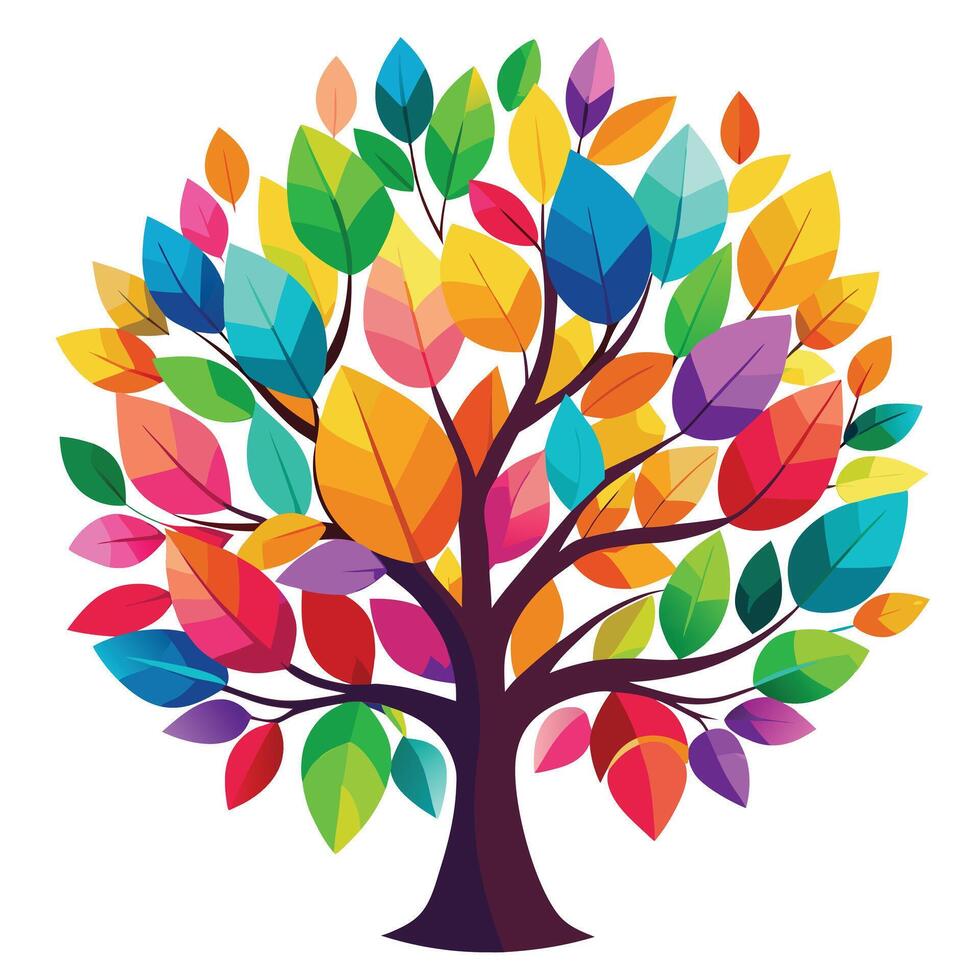 Vibrant tree with colorful rainbow leaves shining brightly vector