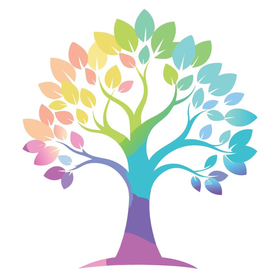 Unique design of a tree with its leaves made of vibrant rainbow mist vector