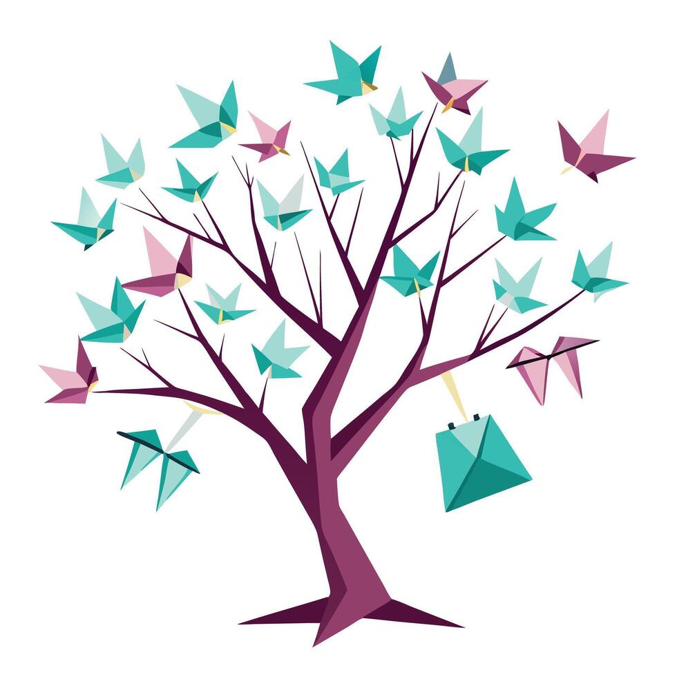 Creative illustration of a tree adorned with colorful paper origami birds vector