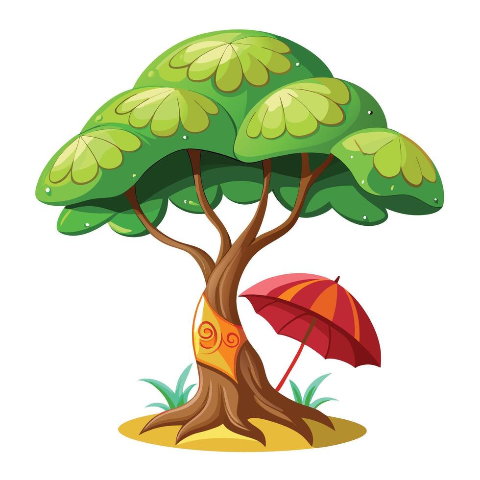 Unique design of a tree with wide umbrella like leaves offering protection vector