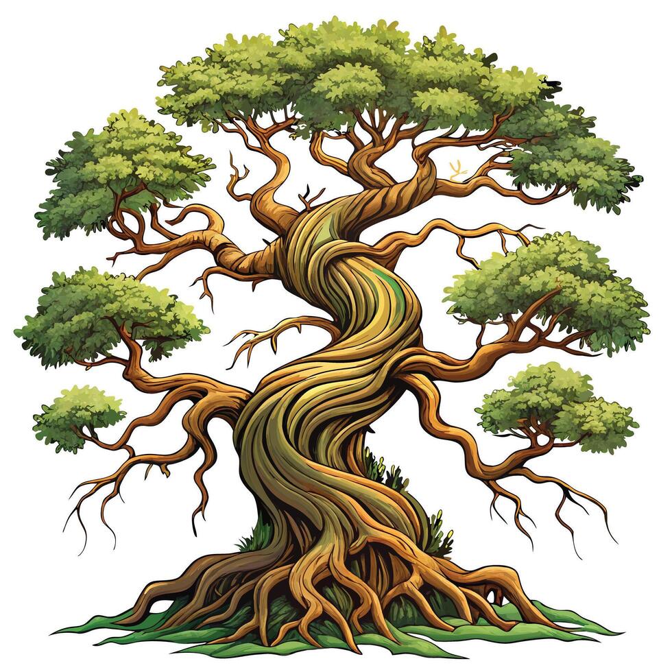 Artistic depiction of a knotty and twisted ancient tree against a plain background vector
