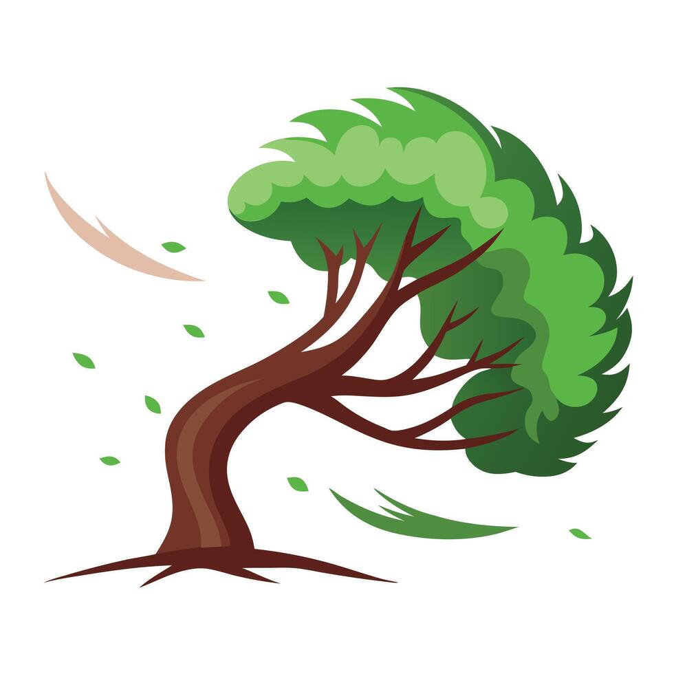Dynamic tree design showcasing a wind-blown silhouette with flowing lines suggesting movement and nature's power vector