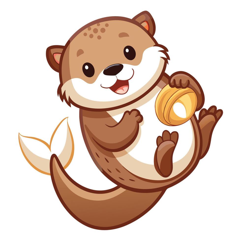 Charming illustration of a cute baby otter lying on water with a shell vector