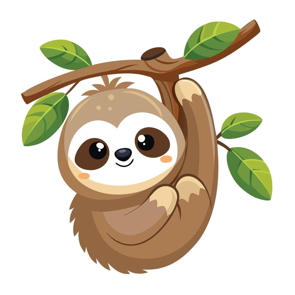 Charming illustration of a cute baby sloth clinging to a tree limb vector