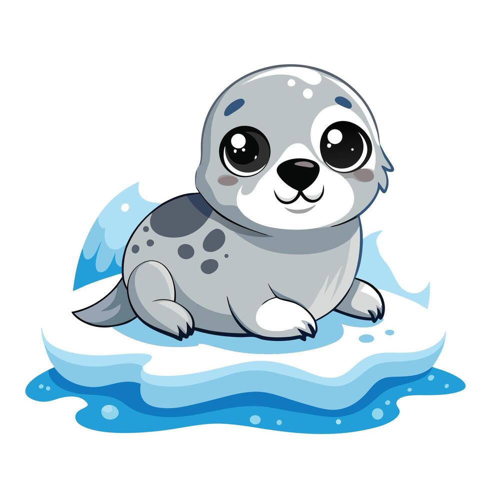 Adorable baby seal lying on ice with big expressive eyes vector