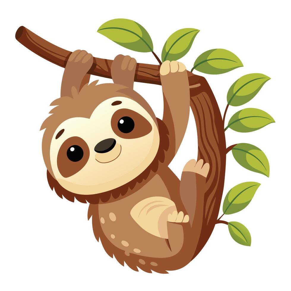 Adorable baby sloth hanging upside down from a tree branch vector