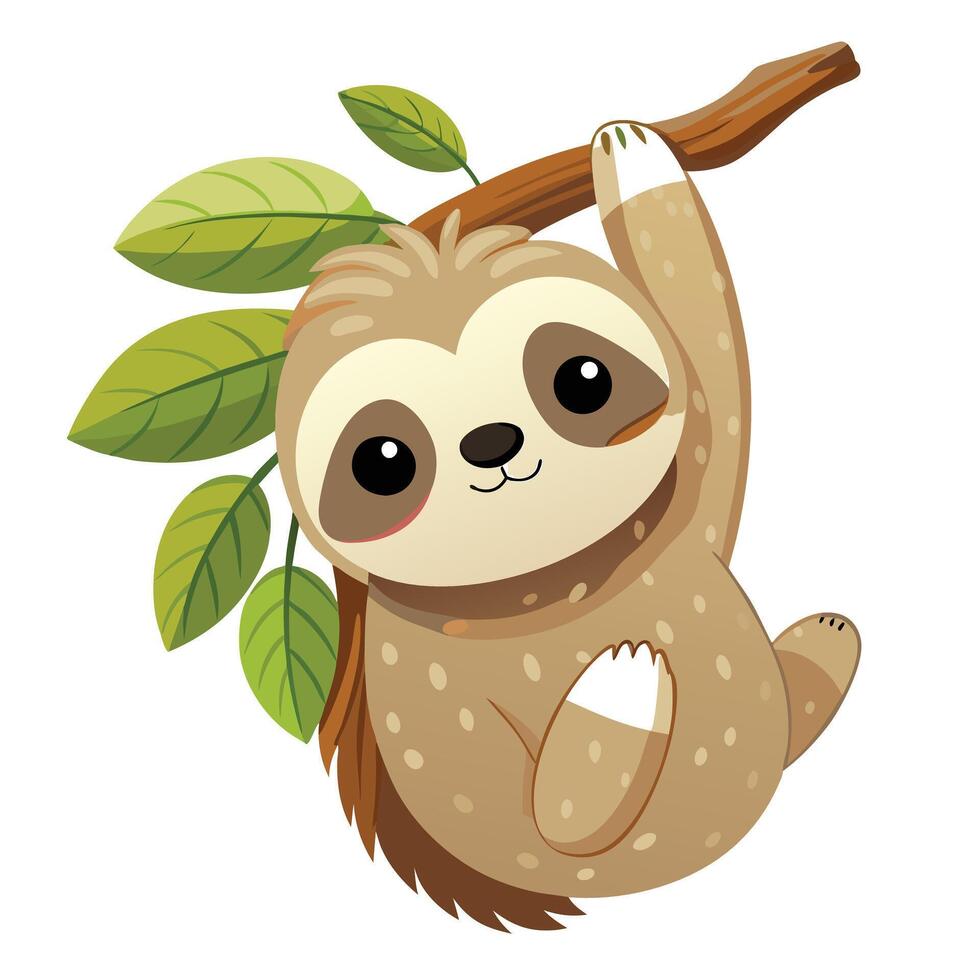 Cute of a baby sloth looking down while hanging from a tree vector