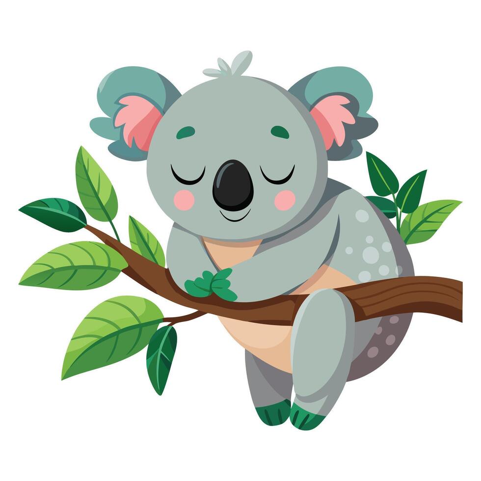 Adorable koala sleeping on a tree branch holding onto eucalyptus vector