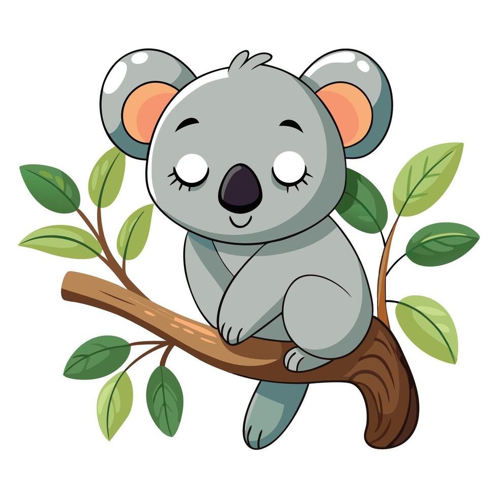 Sweet koala sleeping peacefully on a branch with eucalyptus leaves vector