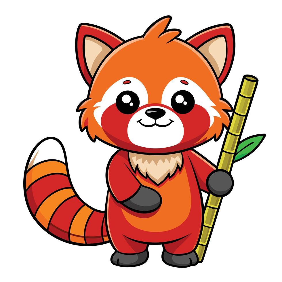 Adorable red panda holding a bamboo stick and smiling art vector
