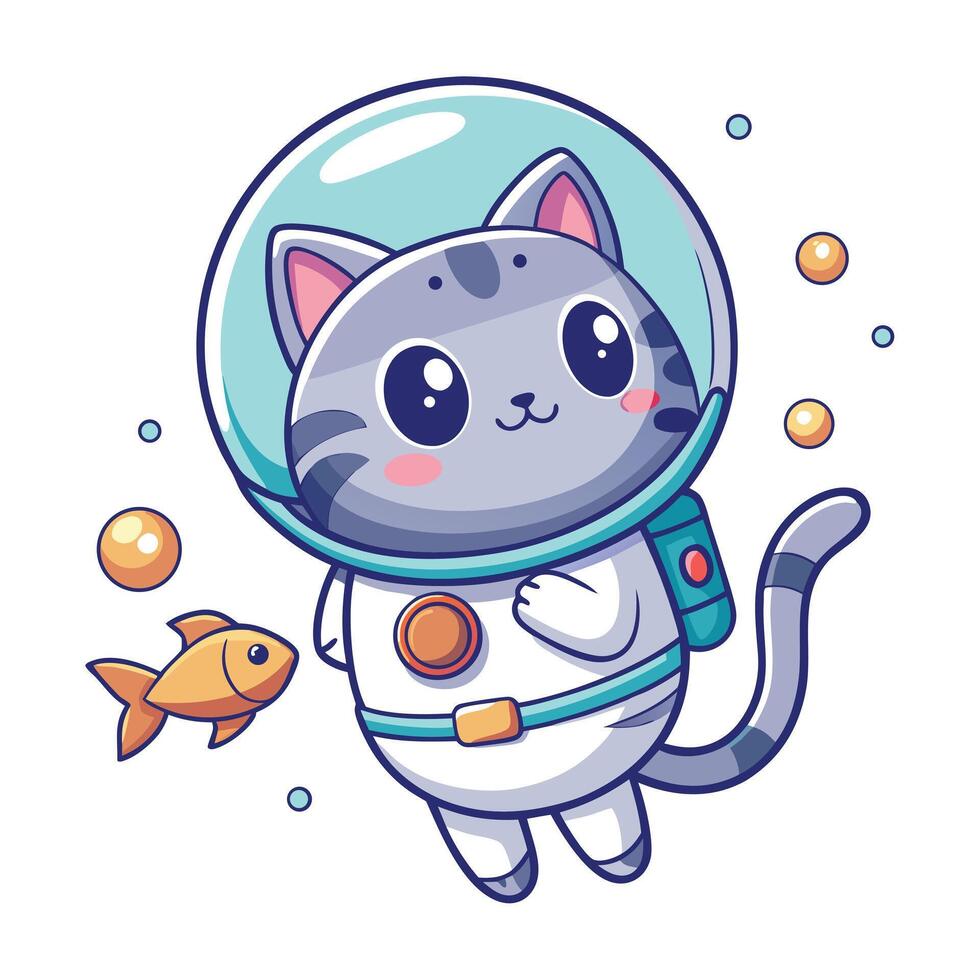 Whimsical astronaut cat floating in space with a tiny fish vector