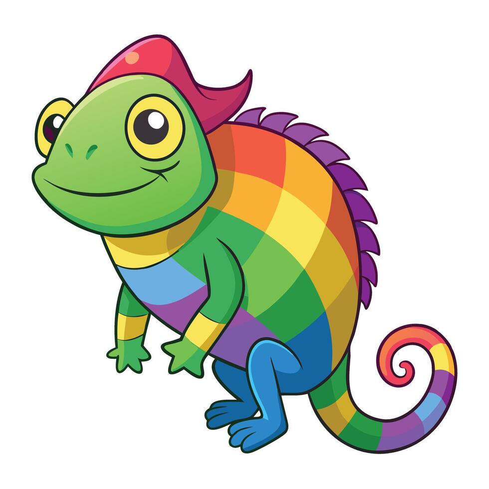 Whimsical cartoon chameleon amusingly transitioning through rainbow colors vector