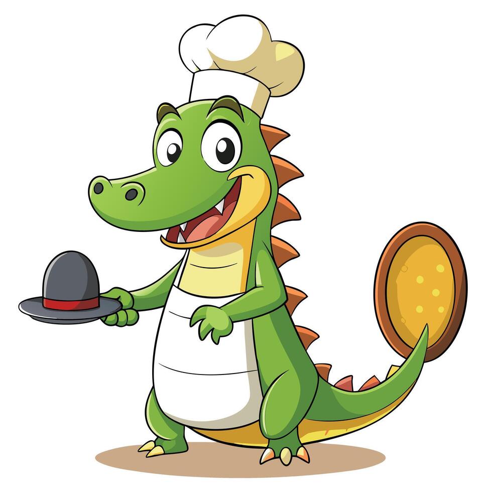Funny cartoon crocodile dressed as a chef holding a giant whisk vector