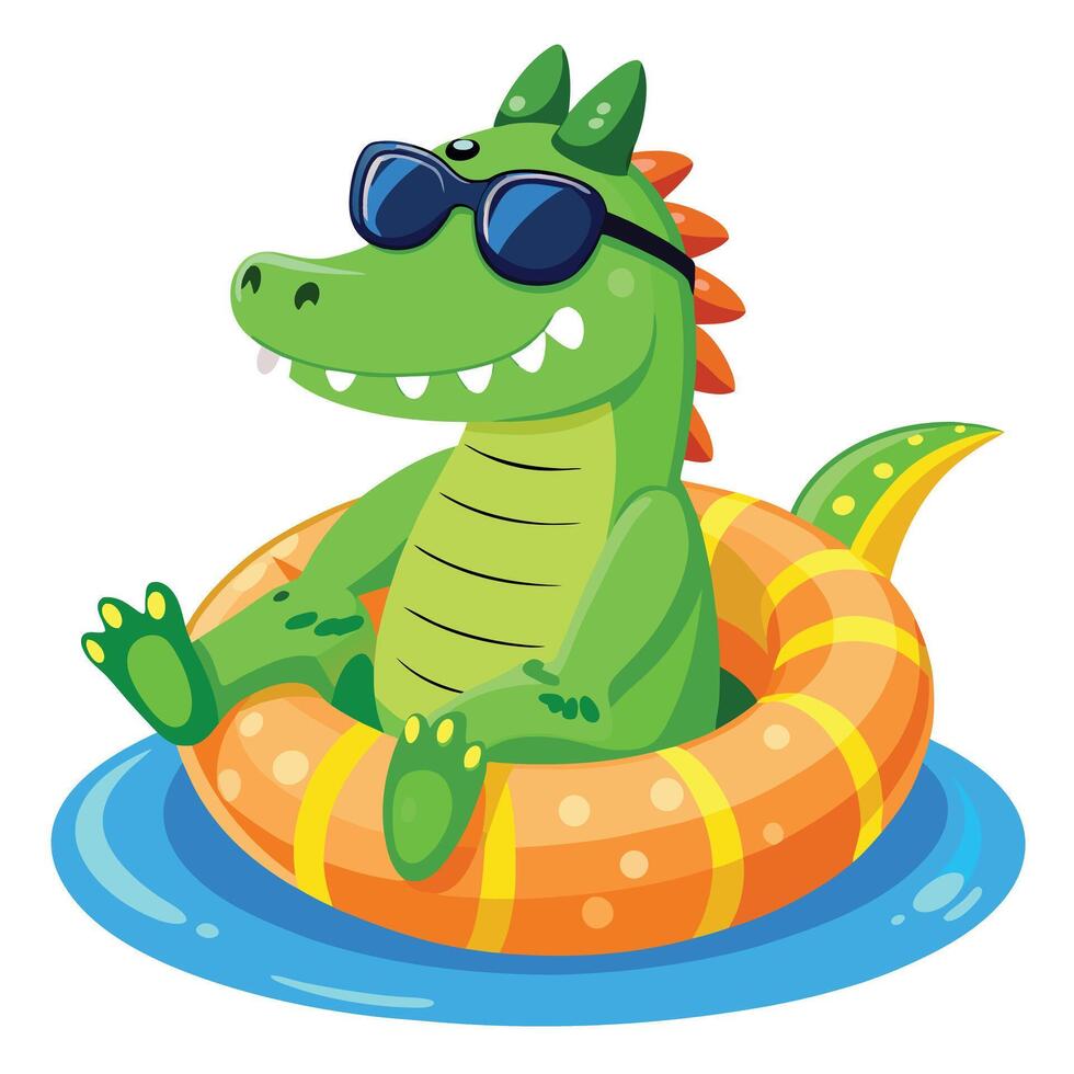 Happy cartoon crocodile lounging on an inflatable swim ring in a pool vector