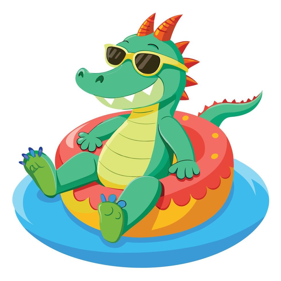 Relaxed cartoon crocodile floating on a colorful inflatable pool ring vector