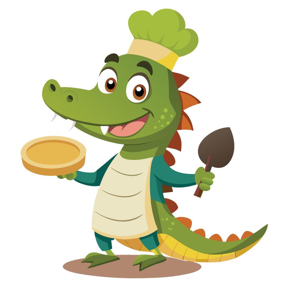 Whimsical cartoon crocodile as a chef with a big smile and a huge whisk vector