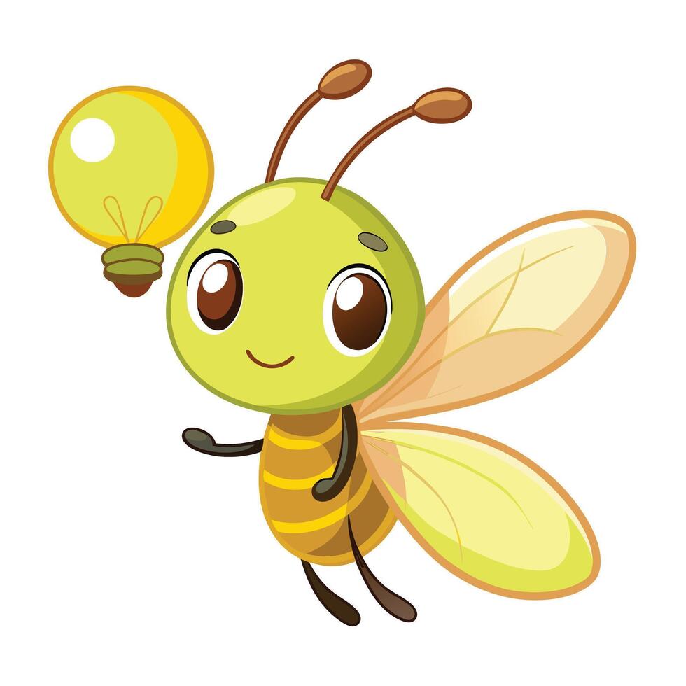 Funny cartoon firefly with a bright light bulb attached to its rear vector