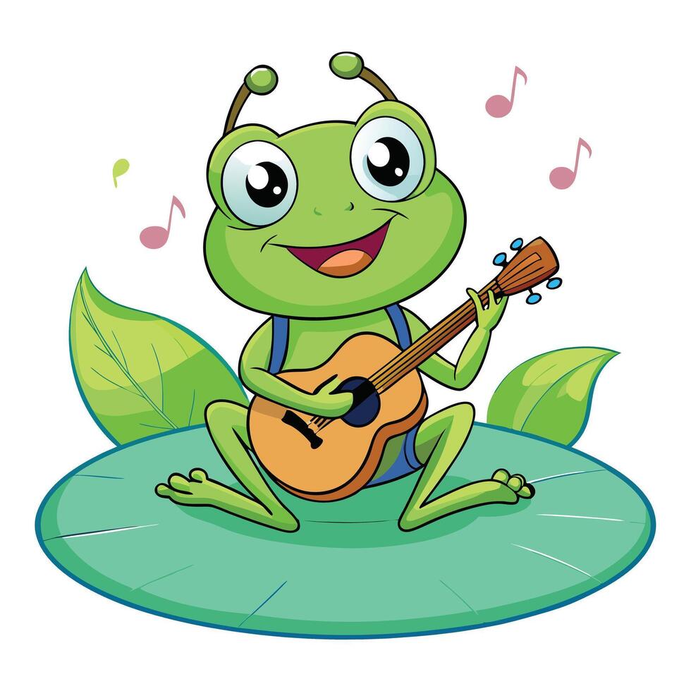 Whimsical cartoon frog perched on a lily pad plucking a little banjo vector