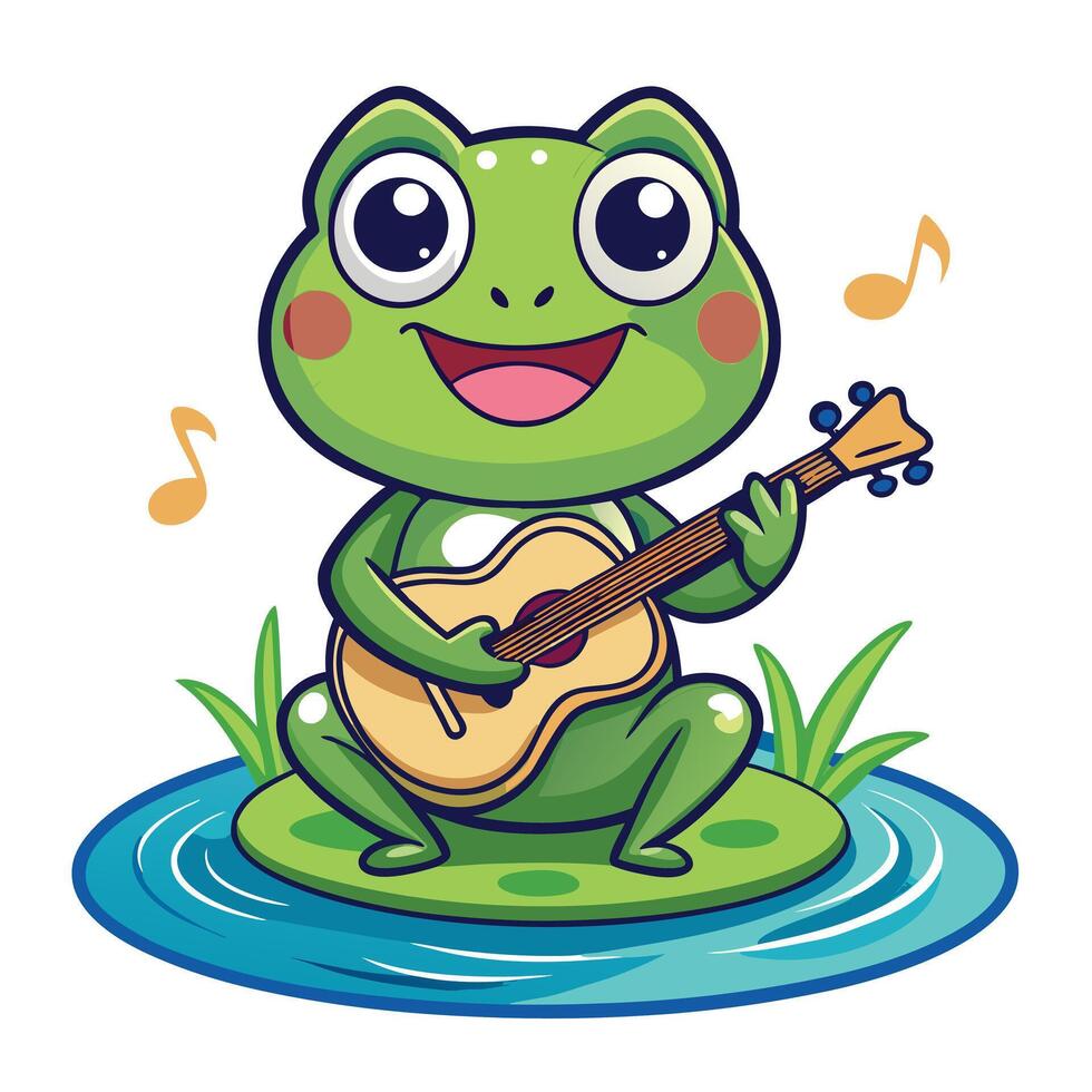 Cute cartoon frog on a lily pad strumming a small banjo vector