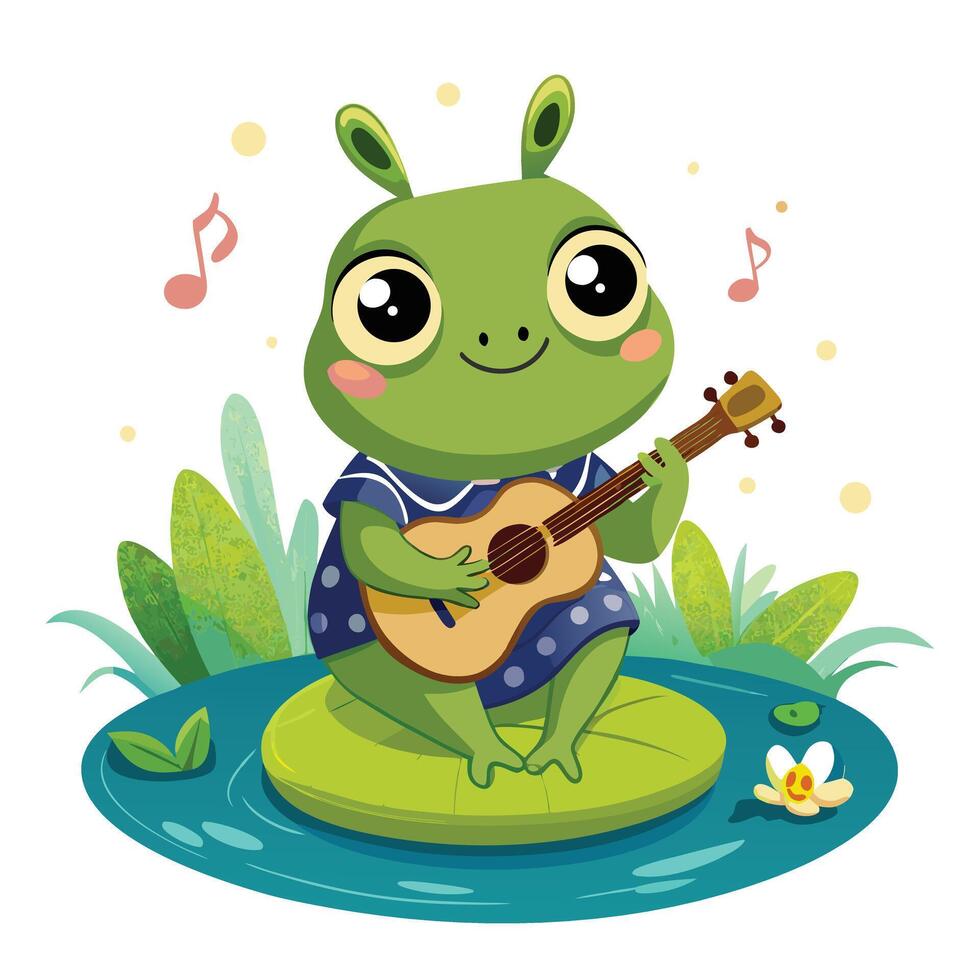 Whimsical cartoon frog serenading from a lily pad with a miniature trumpet vector