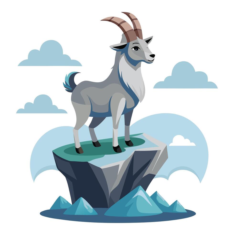 Dreamy cartoon goat balancing on a levitating stone in the sky vector