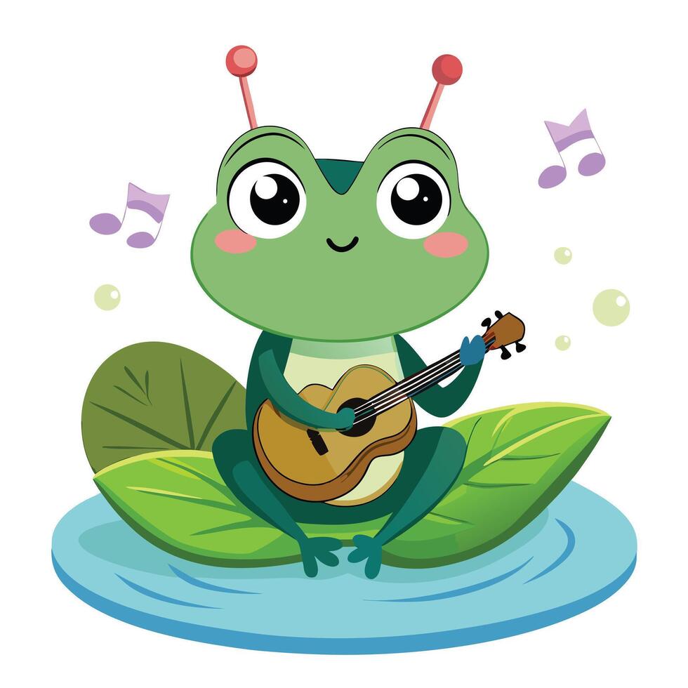 Cute cartoon frog sitting on a lily pad and playing a tiny trumpet vector