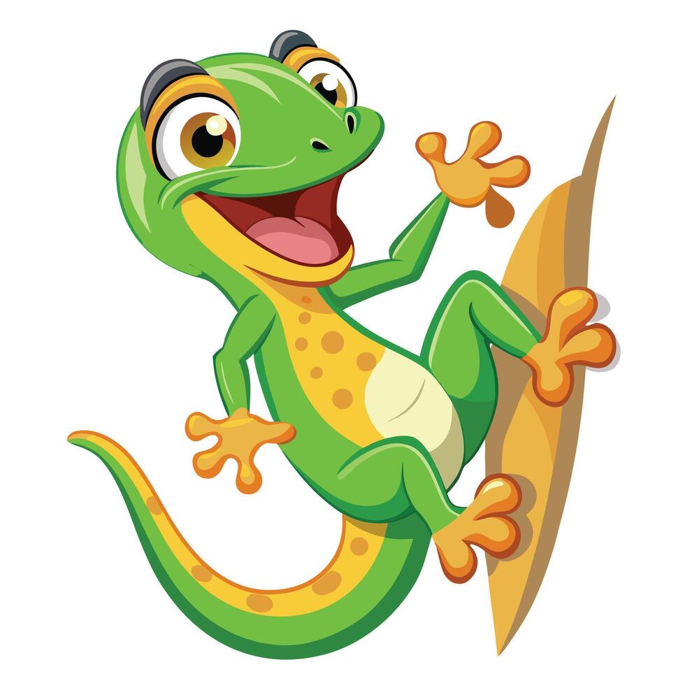 Cute cartoon gecko scaling a wall with a wide and friendly smile vector