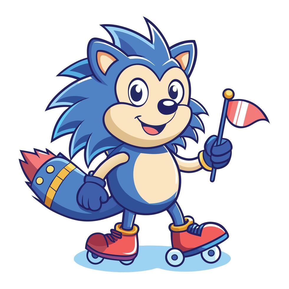 Charming cartoon illustration of a hedgehog on roller skates with a bloom vector