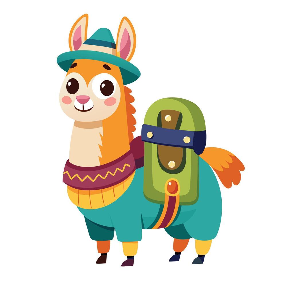 Sweet cartoon llama packed for a trip with a backpack on art vector
