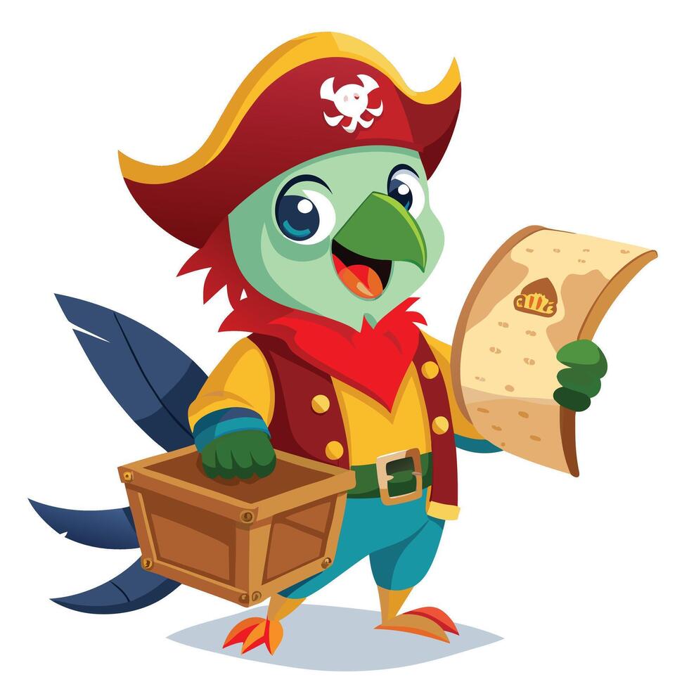 Cute cartoon parrot holding a pirate's map with an excited expression vector