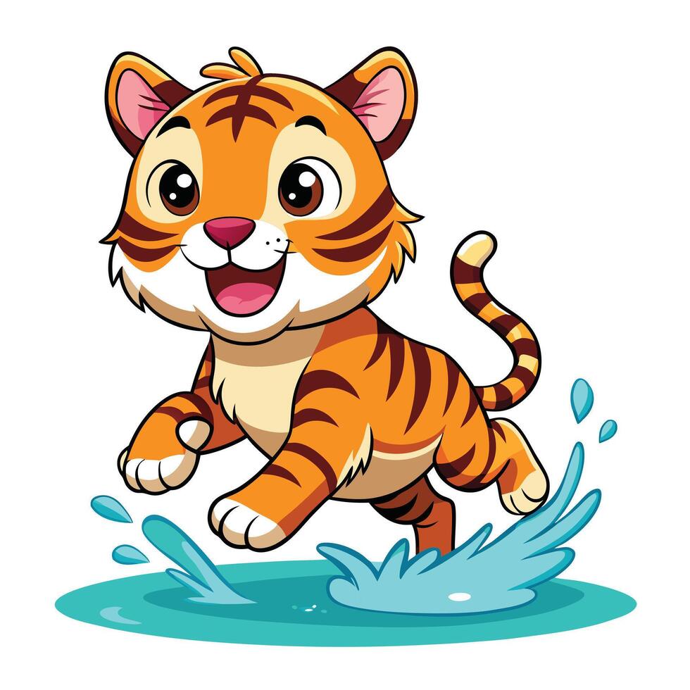 Charming cartoon illustration of a baby tiger leaping into a water puddle vector